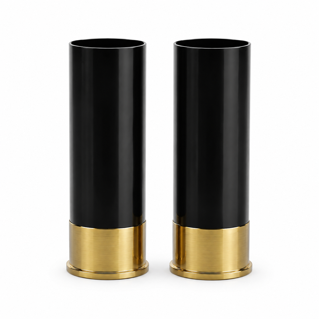 Blank pair of 12-gauge shotgun shell shot glasses ready for customization