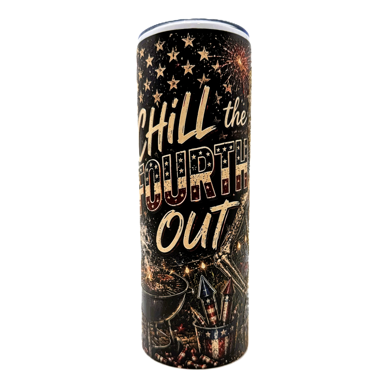 Chill the Fourth Out 20oz Textured UV Printed Patriotic Tumbler, Stainless Steel Travel Mug, Skeleton 4th of July Gift, Insulated Coffee Cup with Lid and Straw