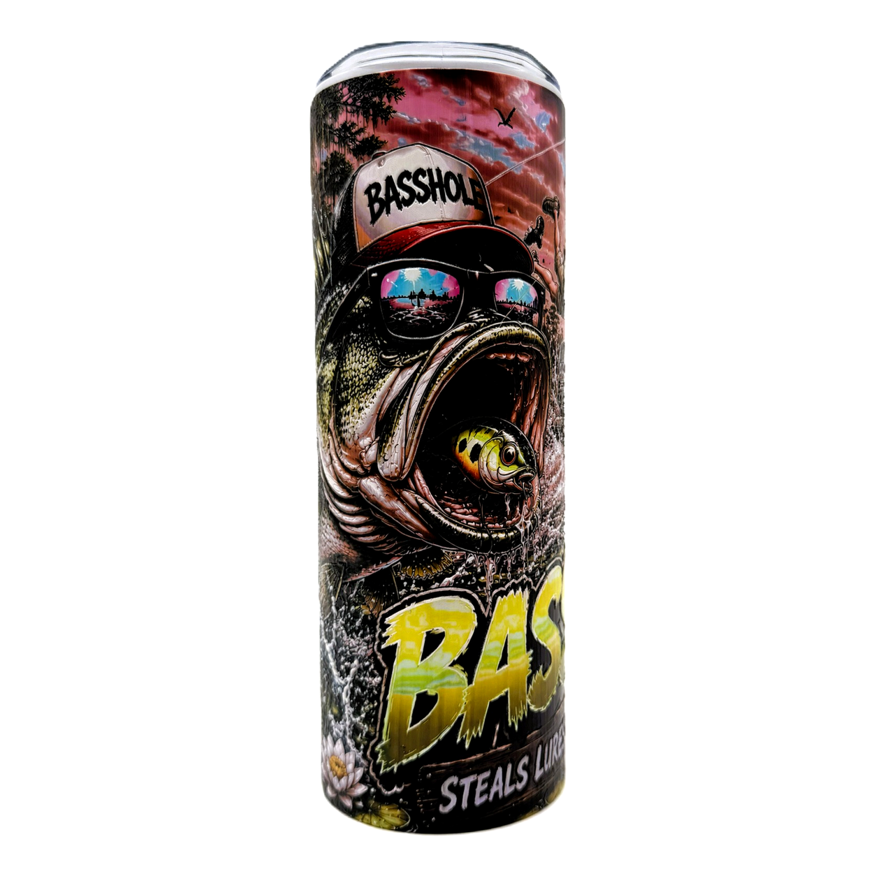 Basshole 20oz Textured UV Printed Fishing Tumbler, Stainless Steel Travel Mug, Funny Bass Fishing Gift for Men, Angler Coffee Cup with Lid