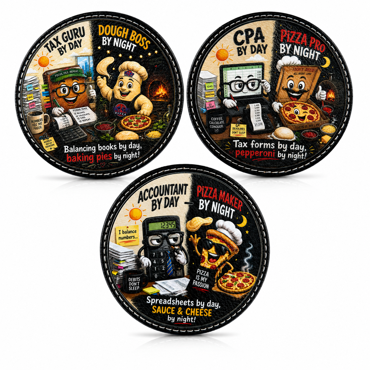 Accountant by Day, Pizza Maker by Night Black Leatherette Coaster Set, Funny CPA & Tax Season Gift, UV Printed Novelty Coasters, Set of 3
