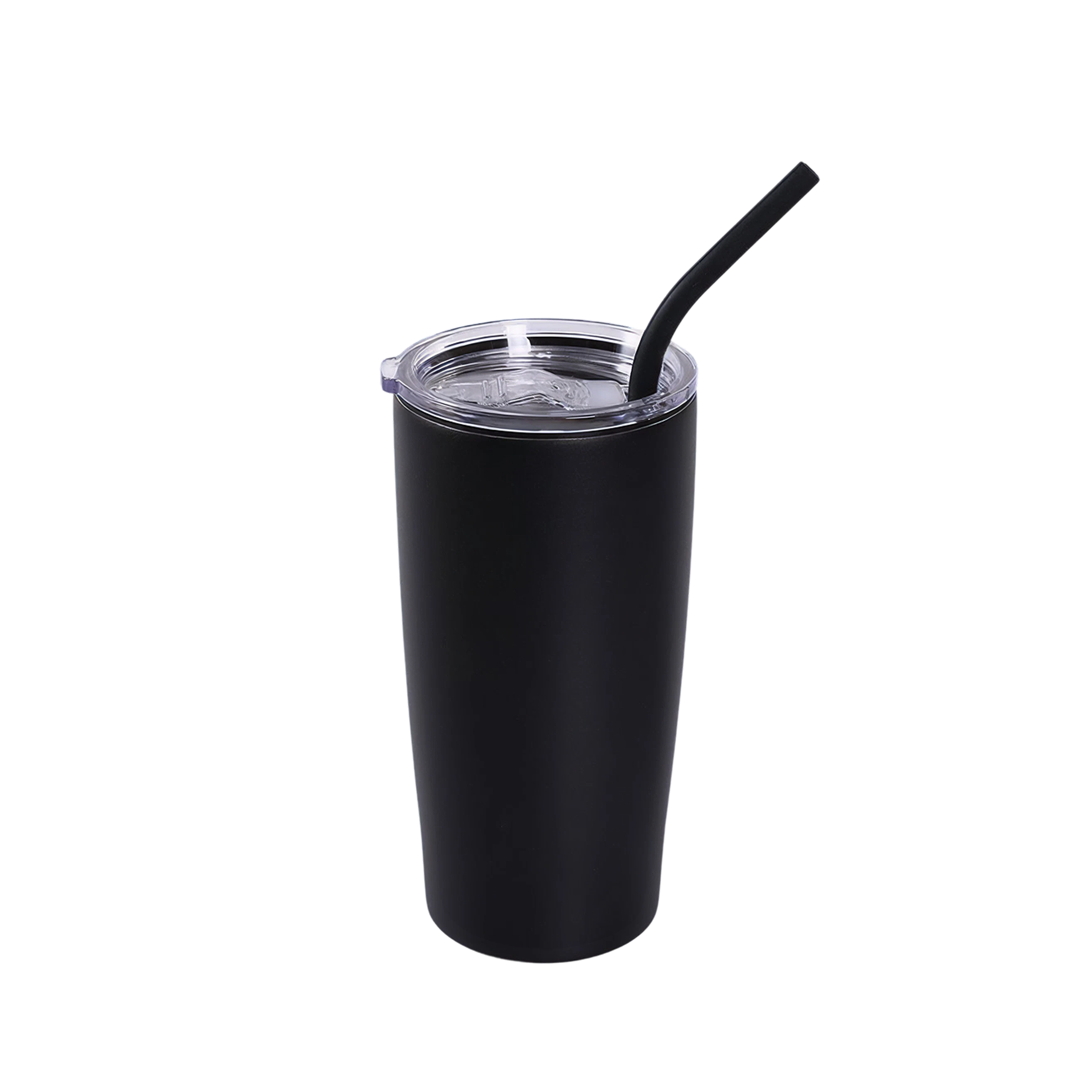 Blank black 20oz classic straight-wall tumbler with clear flip lid and straw on white background