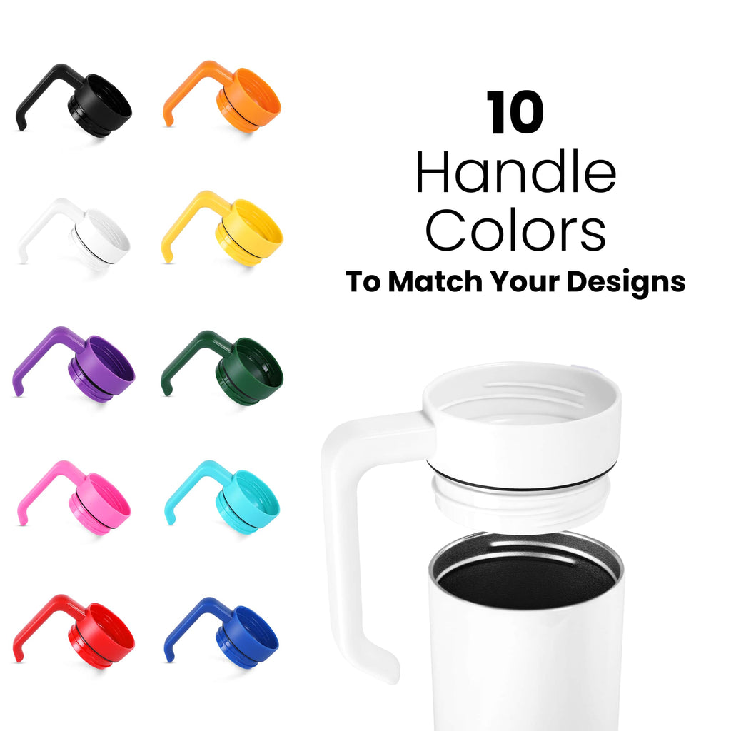 Tumbler handle add-on shown in multiple color options on white background