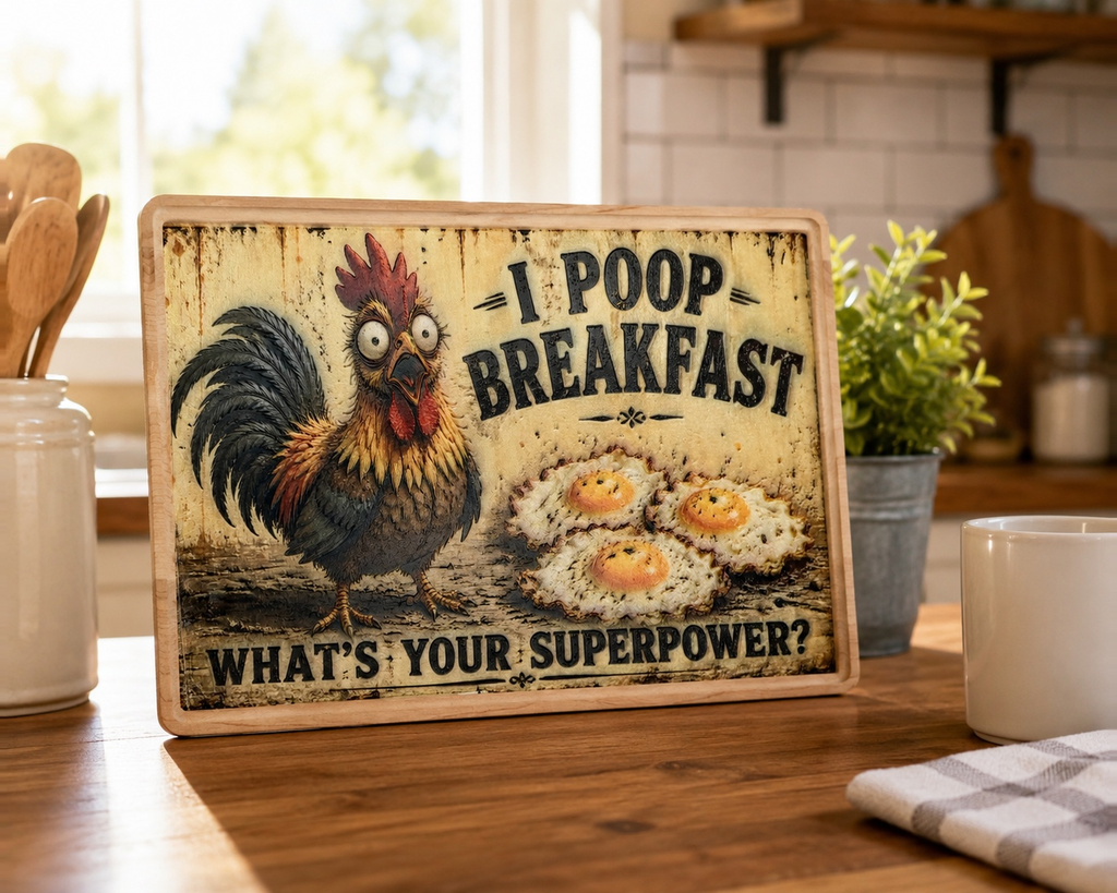 Rooster Kitchen Decor, I Poop Breakfast Funny Farmhouse Kitchen Board, Chicken Lover Gift, Homestead Coffee Bar Decor, Rustic Country Kitchen Accent, 11.5" x 8.75"