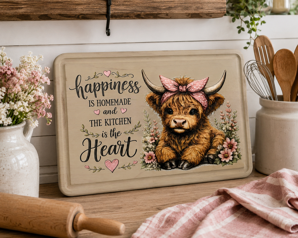 Highland Cow Kitchen Decor, Happiness is Homemade Decorative Farmhouse Kitchen Board, Cute Cow Lover Gift, Coffee Bar Decor, Rustic Country Kitchen Accent, 9" x 6"