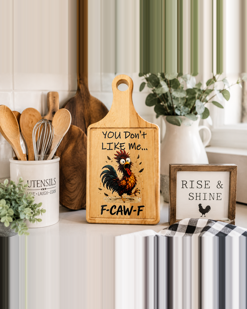 Funny Chicken Lover Gift, "You Don't Like Me... F-CAW-F" Decorative Farmhouse Kitchen Board, Rooster Kitchen Decor, Rustic Country Coffee Bar Accent, 13.5" x 7"