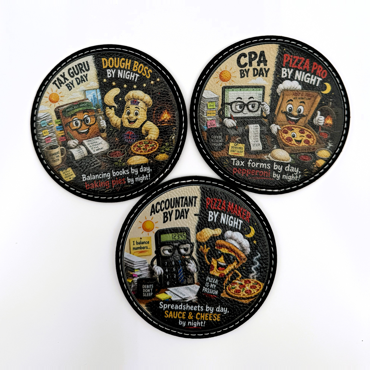 Accountant by Day, Pizza Maker by Night Black Leatherette Coaster Set, Funny CPA & Tax Season Gift, UV Printed Novelty Coasters, Set of 3