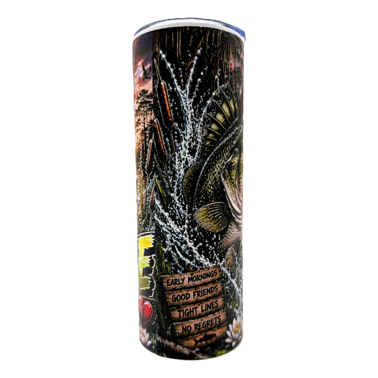 Basshole 20oz Textured UV Printed Fishing Tumbler, Stainless Steel Travel Mug, Funny Bass Fishing Gift for Men, Angler Coffee Cup with Lid