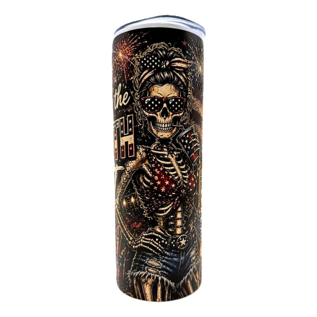 Chill the Fourth Out 20oz Textured UV Printed Patriotic Tumbler, Stainless Steel Travel Mug, Skeleton 4th of July Gift, Insulated Coffee Cup with Lid and Straw