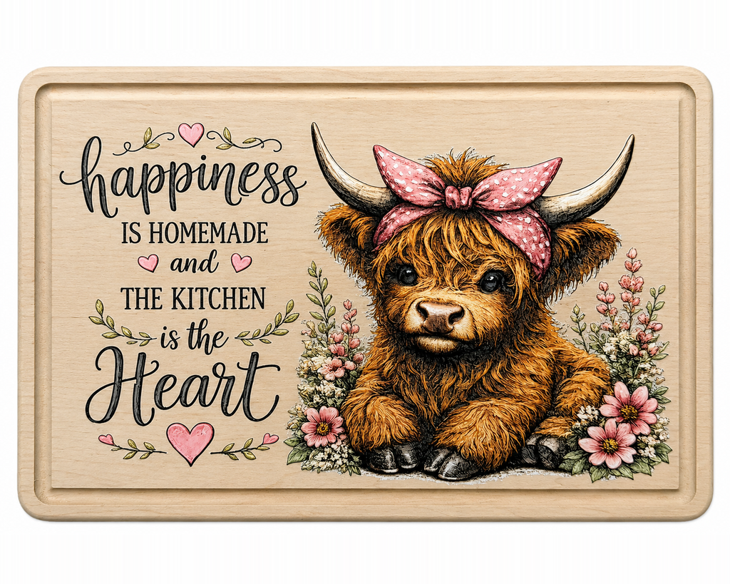 Highland Cow Kitchen Decor, Happiness is Homemade Decorative Farmhouse Kitchen Board, Cute Cow Lover Gift, Coffee Bar Decor, Rustic Country Kitchen Accent, 9" x 6"