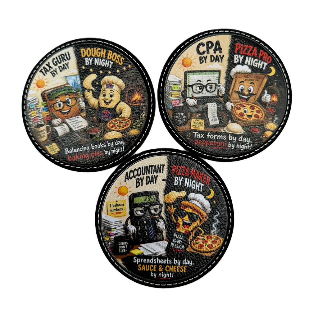 Accountant by Day, Pizza Maker by Night Black Leatherette Coaster Set, Funny CPA & Tax Season Gift, UV Printed Novelty Coasters, Set of 3