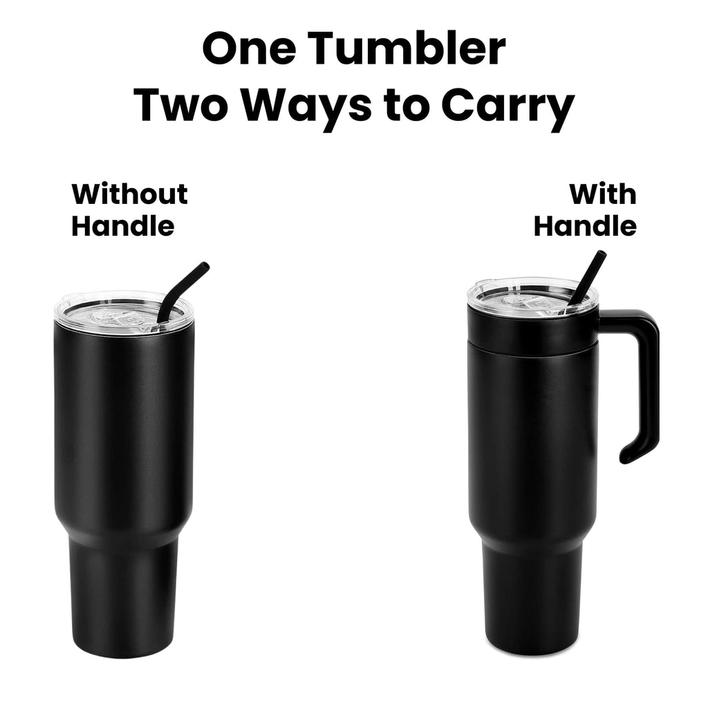 Tumbler handle add-on shown two ways