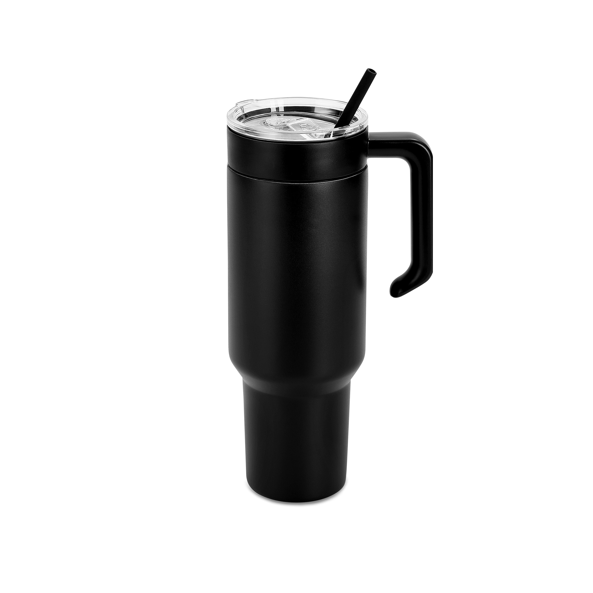 Blank black 40oz tumbler with handle on white background