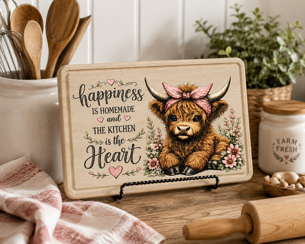 Highland Cow Kitchen Decor, Happiness is Homemade Decorative Farmhouse Kitchen Board, Cute Cow Lover Gift, Coffee Bar Decor, Rustic Country Kitchen Accent, 9" x 6"