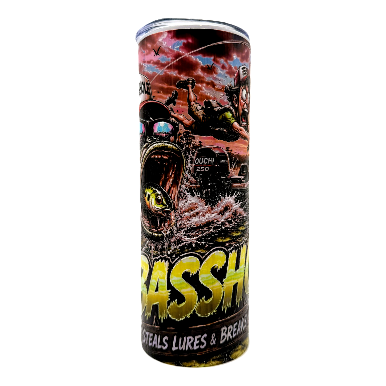 Basshole 20oz Textured UV Printed Fishing Tumbler, Stainless Steel Travel Mug, Funny Bass Fishing Gift for Men, Angler Coffee Cup with Lid