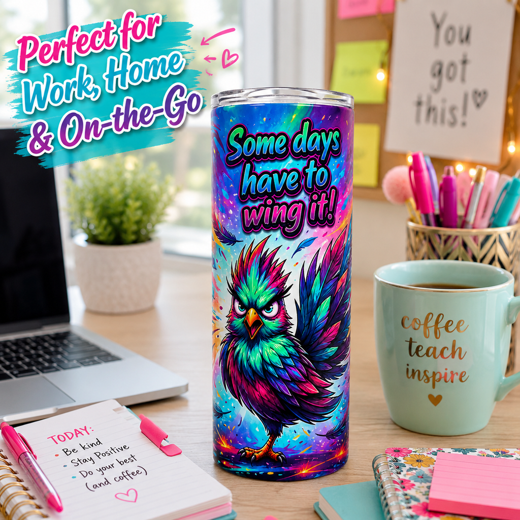 Some Days You Just Have to Wing It 20oz Textured UV Printed Tumbler, Stainless Steel Travel Mug, Colorful Bird Lover Gift, Raised 3D Feel Coffee Cup with Lid and Straw