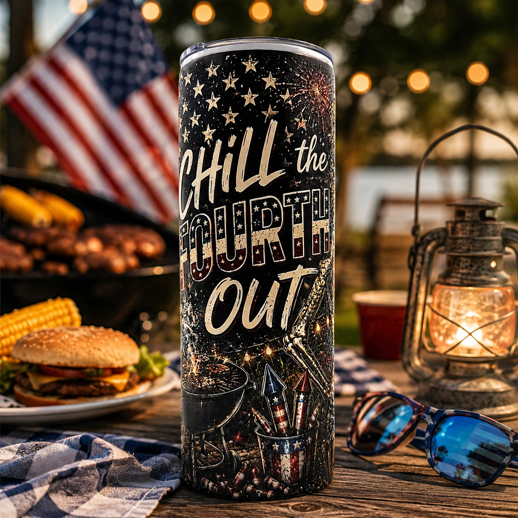 Chill the Fourth Out 20oz Textured UV Printed Patriotic Tumbler, Stainless Steel Travel Mug, Skeleton 4th of July Gift, Insulated Coffee Cup with Lid and Straw