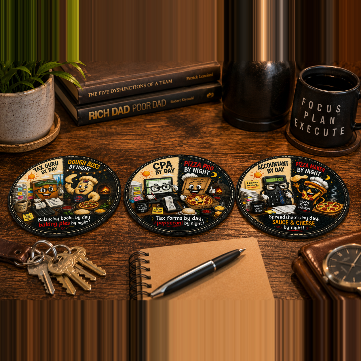 Accountant by Day, Pizza Maker by Night Black Leatherette Coaster Set, Funny CPA & Tax Season Gift, UV Printed Novelty Coasters, Set of 3