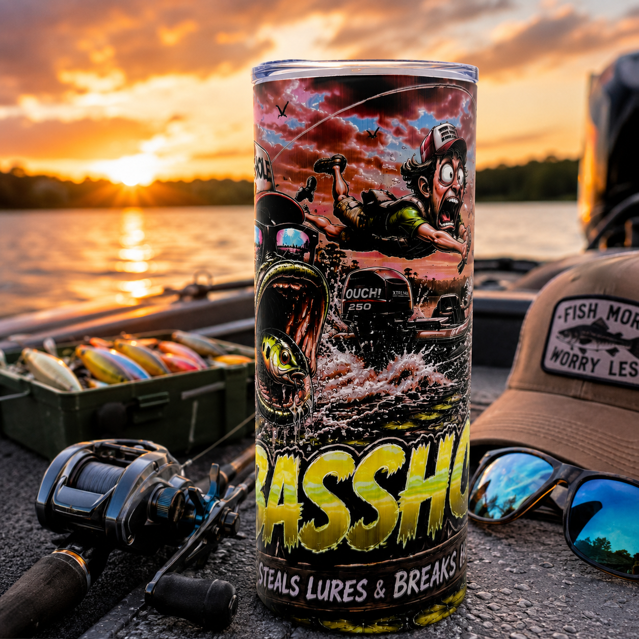 Basshole 20oz Textured UV Printed Fishing Tumbler, Stainless Steel Travel Mug, Funny Bass Fishing Gift for Men, Angler Coffee Cup with Lid