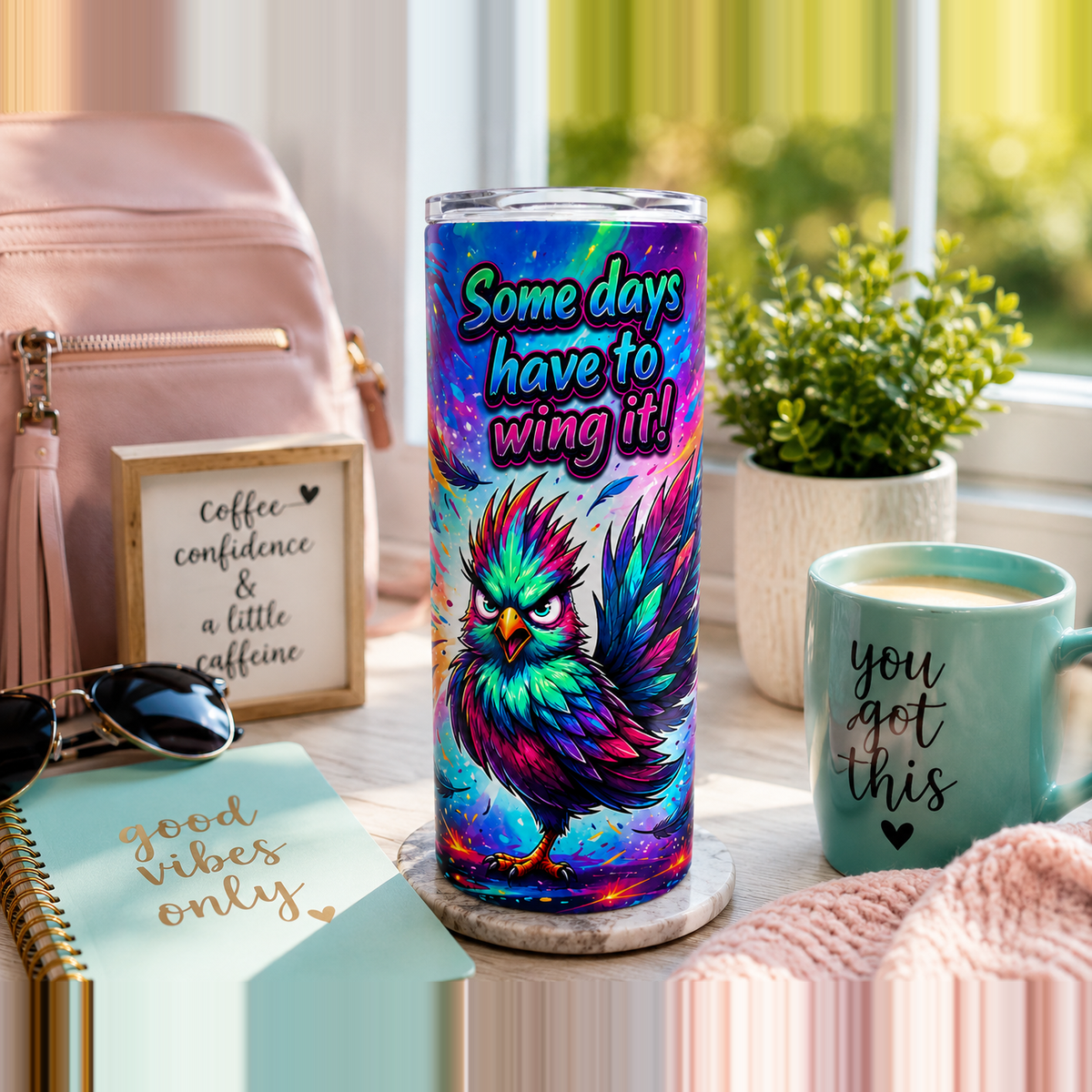 Some Days You Just Have to Wing It 20oz Textured UV Printed Tumbler, Stainless Steel Travel Mug, Colorful Bird Lover Gift, Raised 3D Feel Coffee Cup with Lid and Straw