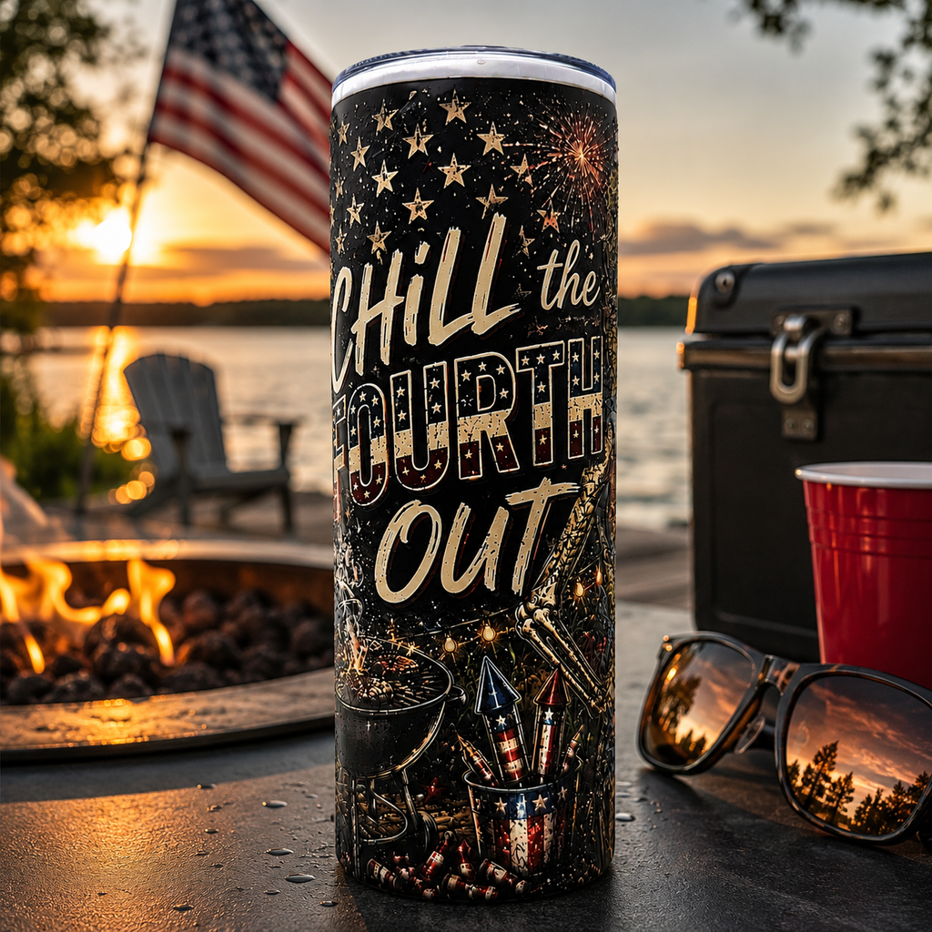 Chill the Fourth Out 20oz Textured UV Printed Patriotic Tumbler, Stainless Steel Travel Mug, Skeleton 4th of July Gift, Insulated Coffee Cup with Lid and Straw