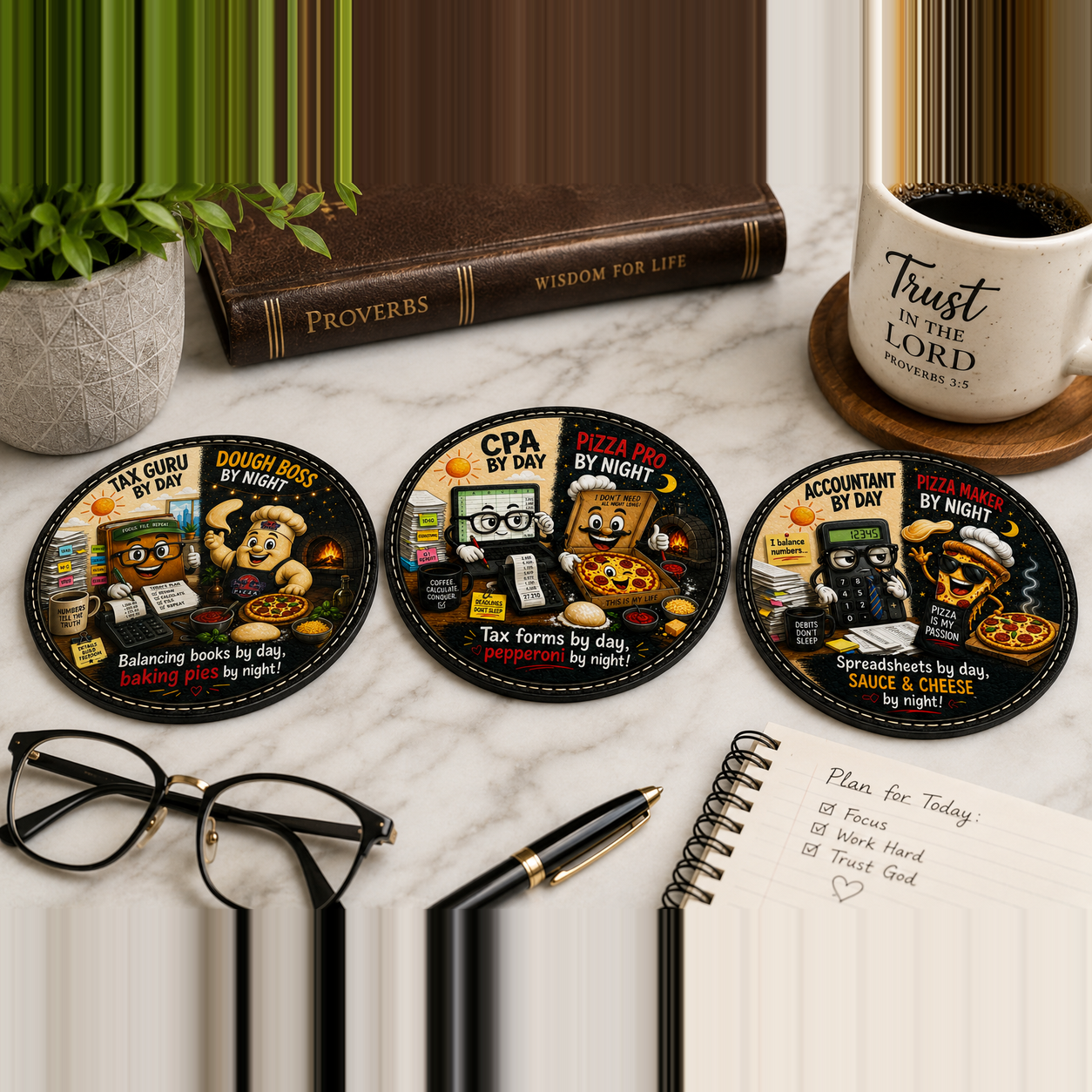 Accountant by Day, Pizza Maker by Night Black Leatherette Coaster Set, Funny CPA & Tax Season Gift, UV Printed Novelty Coasters, Set of 3
