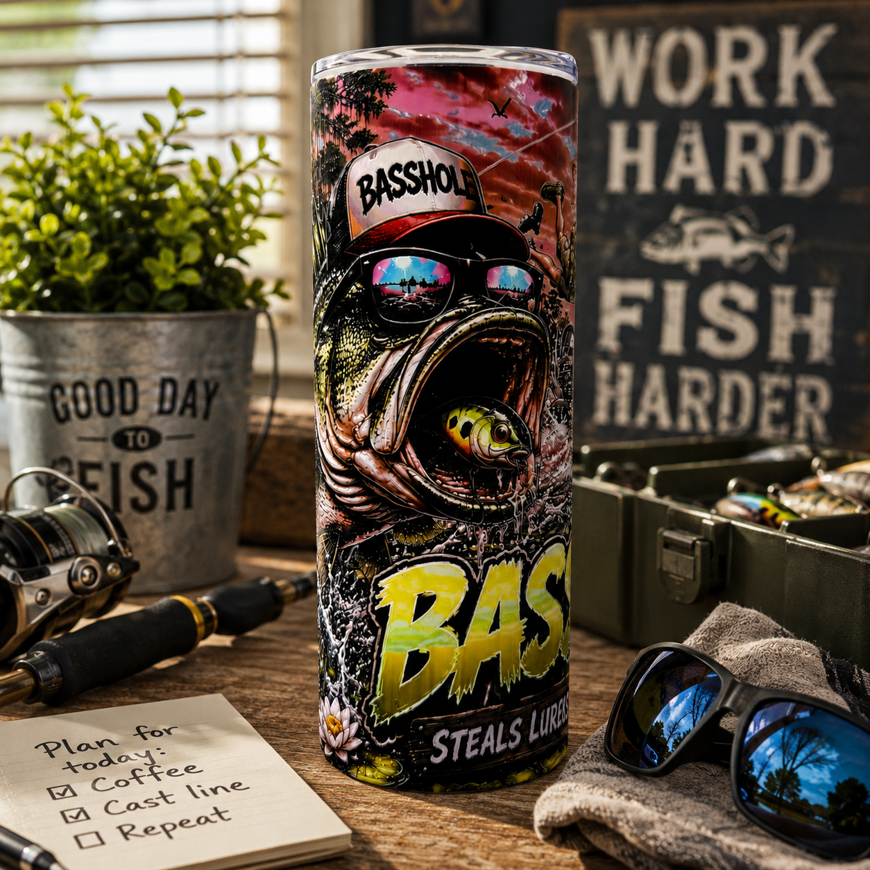 Basshole 20oz Textured UV Printed Fishing Tumbler, Stainless Steel Travel Mug, Funny Bass Fishing Gift for Men, Angler Coffee Cup with Lid