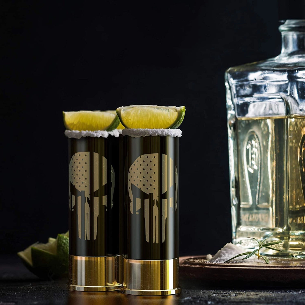 Customized 12-gauge shotgun shell shot glass set lifestyle example
