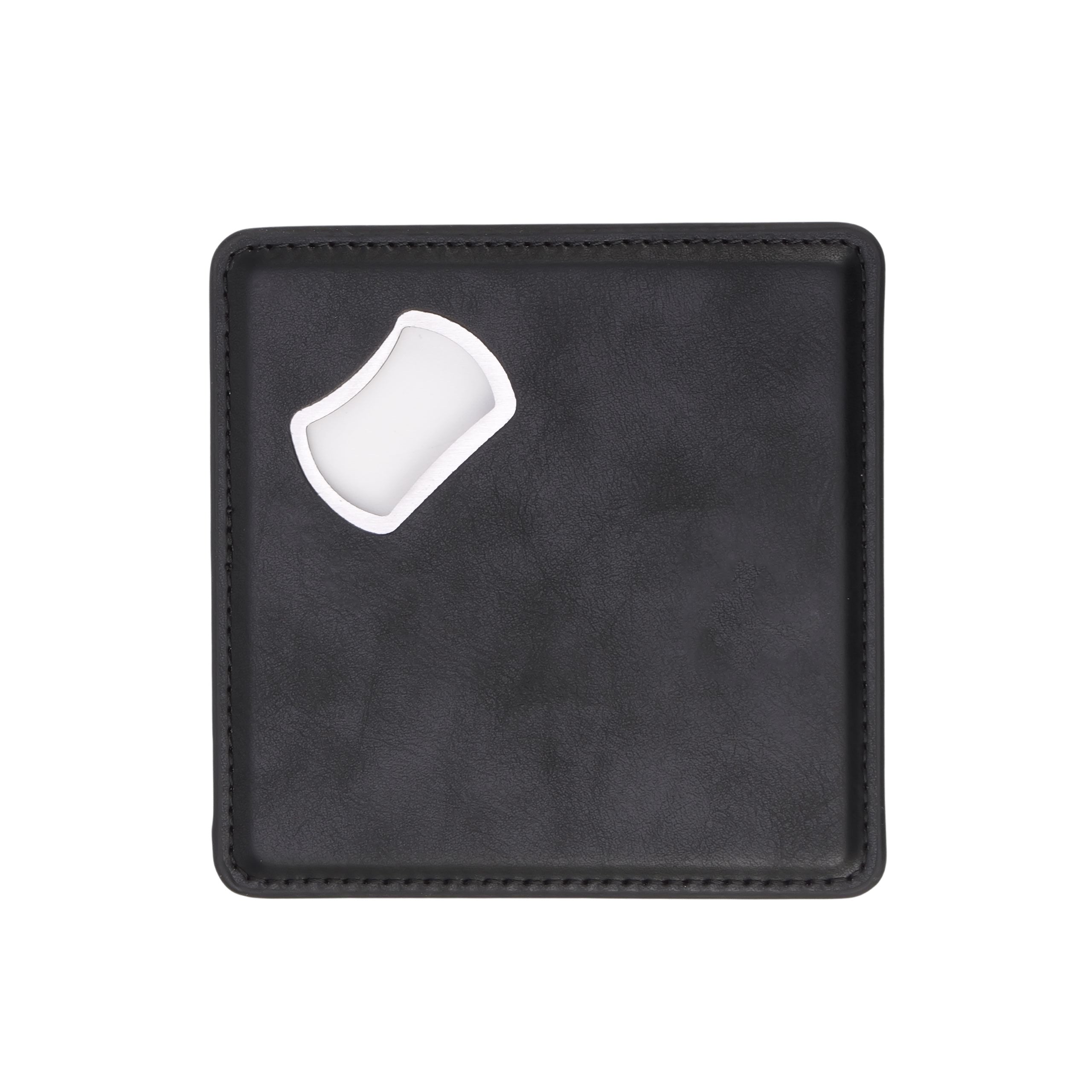Blank black leatherette bottle opener coaster on white background