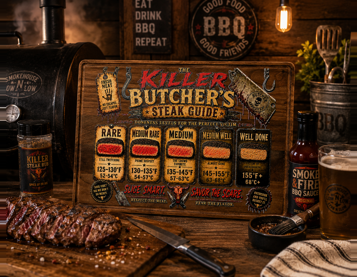 Steak Lover Gift, Killer Butcher's Steak Guide Decorative Walnut Kitchen Board, BBQ Grill Decor, Man Cave Wall Art, Grill Master Gift, Steak Temperature Guide, 13.75" x 9.75"