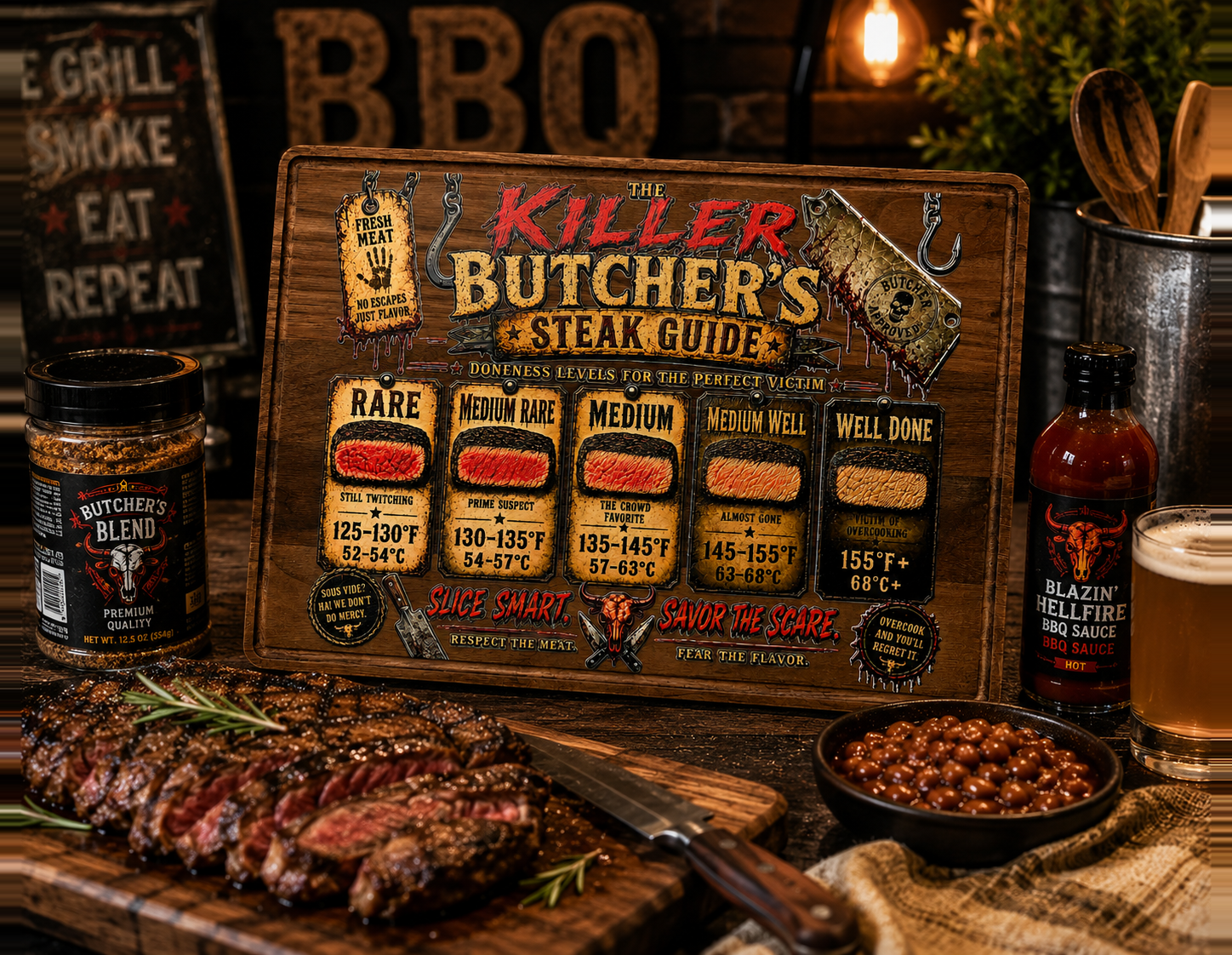 Steak Lover Gift, Killer Butcher's Steak Guide Decorative Walnut Kitchen Board, BBQ Grill Decor, Man Cave Wall Art, Grill Master Gift, Steak Temperature Guide, 13.75" x 9.75"