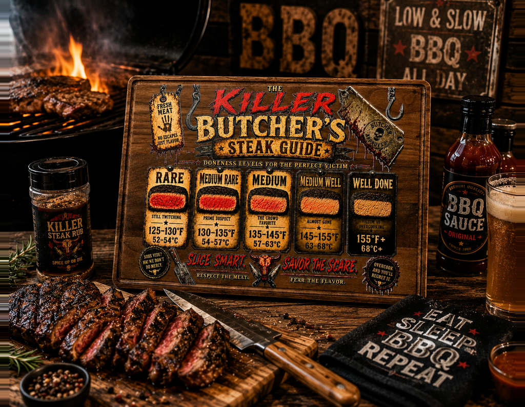 Steak Lover Gift, Killer Butcher's Steak Guide Decorative Walnut Kitchen Board, BBQ Grill Decor, Man Cave Wall Art, Grill Master Gift, Steak Temperature Guide, 13.75" x 9.75"