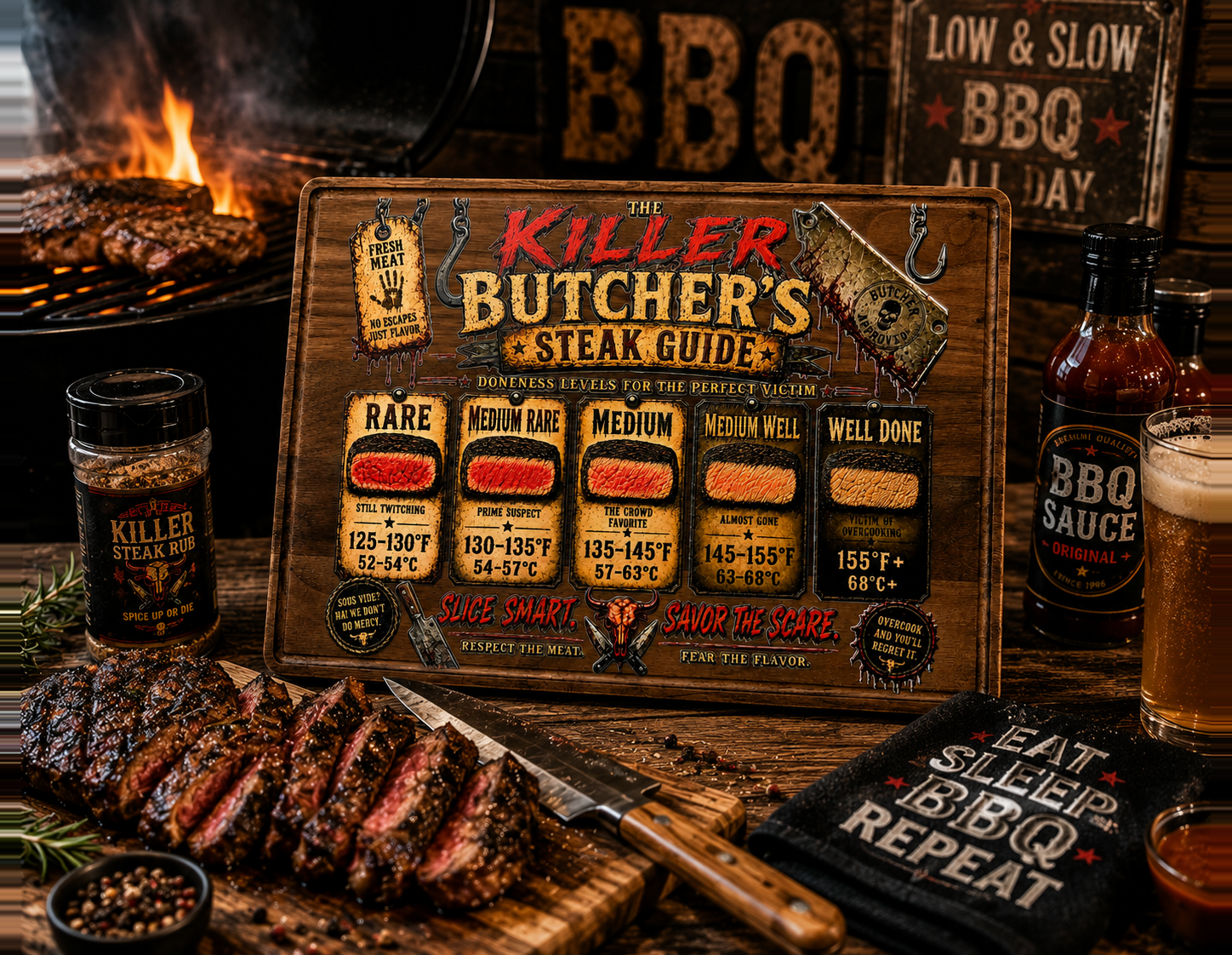 Steak Lover Gift, Killer Butcher's Steak Guide Decorative Walnut Kitchen Board, BBQ Grill Decor, Man Cave Wall Art, Grill Master Gift, Steak Temperature Guide, 13.75" x 9.75"