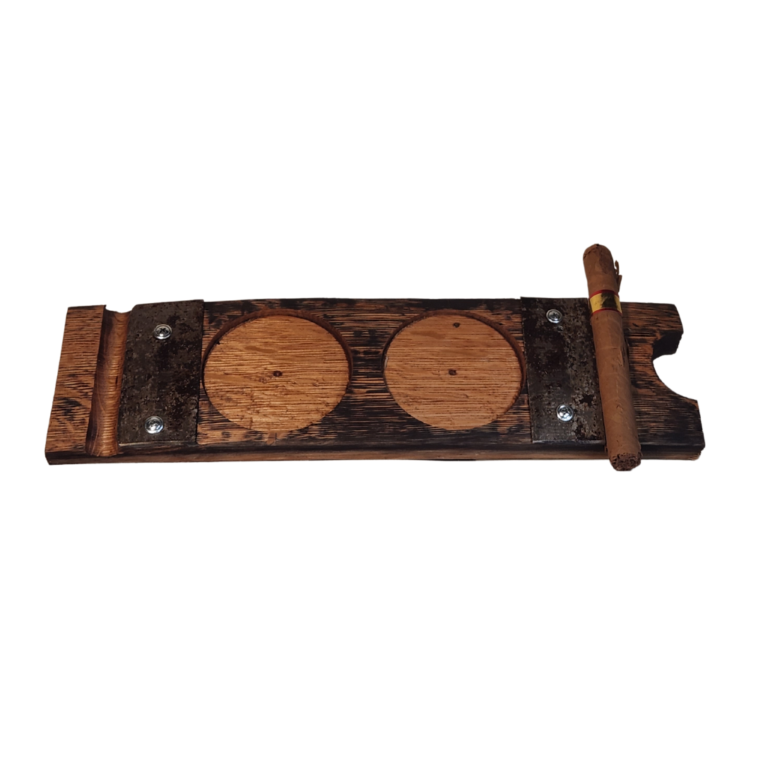 Blank double hole barrel stave cigar coaster on white background