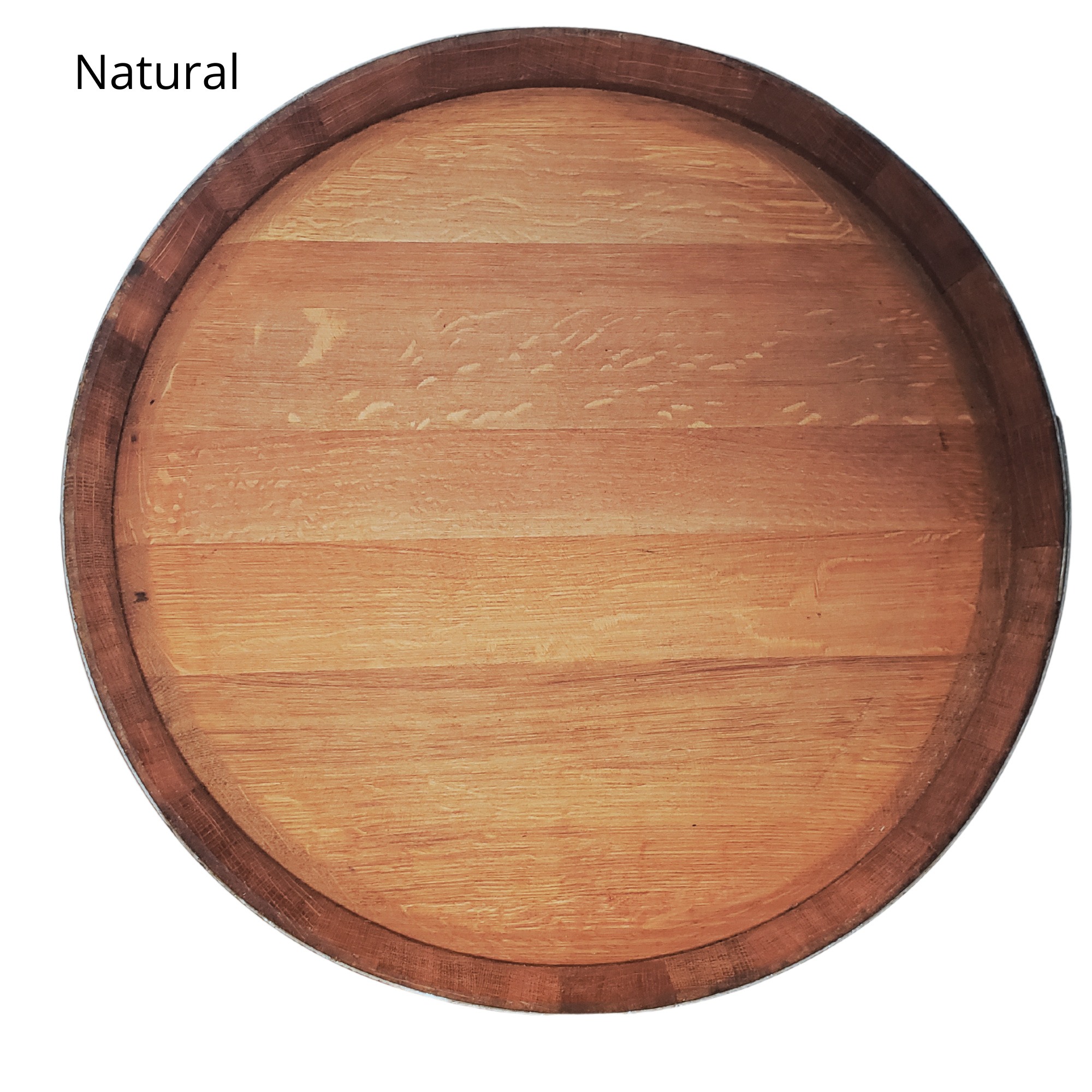 Blank natural wine barrel head lazy susan with double metal ring on white background