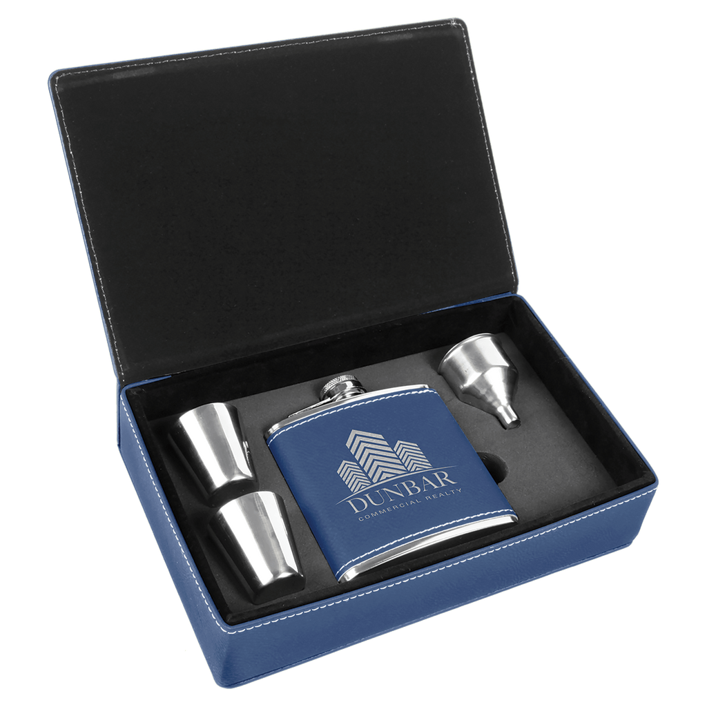 Blue/Silver 6 oz. Laserable Leatherette Flask Gift Set