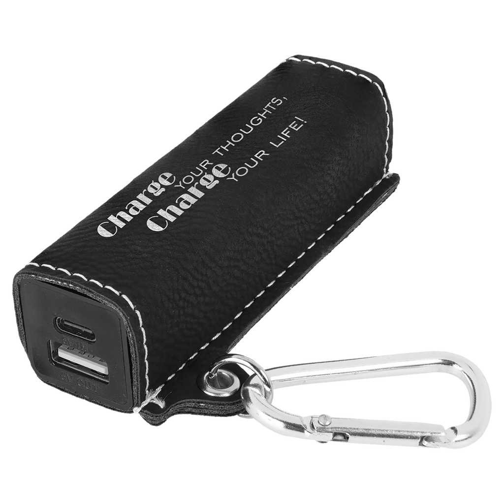 Black/Silver Laserable Leatherette 2200 mAh Power Bank with USB-C Cord