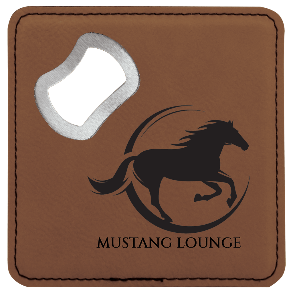 Dark Brown 4" x 4" Square Laserable Leatherette Coaster with Bottle Opener