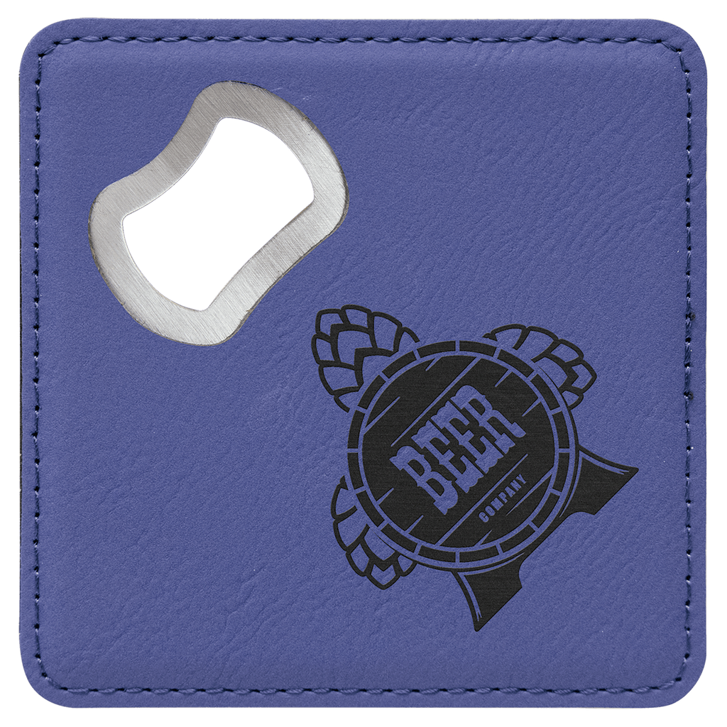 Purple 4" x 4" Square Laserable Leatherette Coaster with Bottle Opener