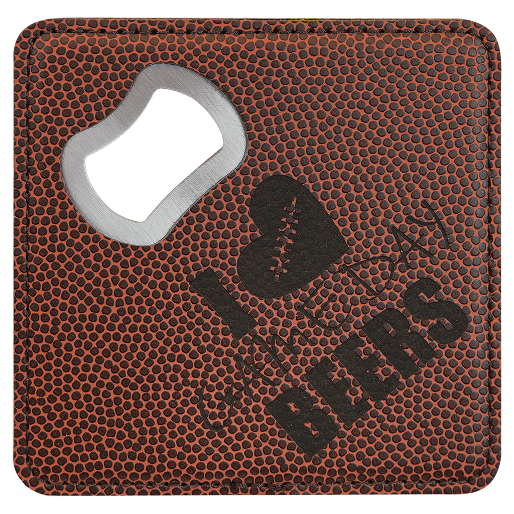 Football 4" x 4" Square Laserable Leatherette Coaster with Bottle Opener