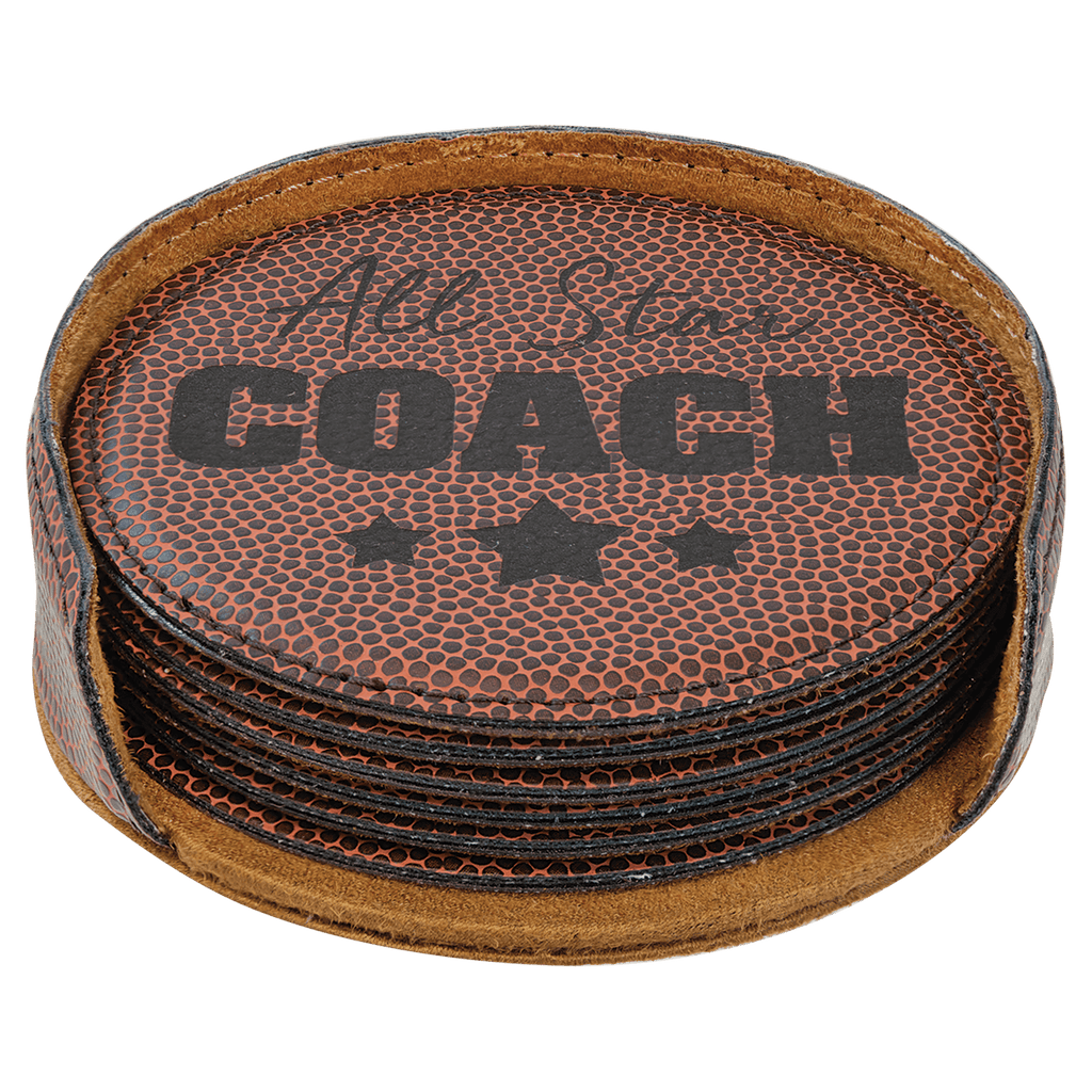 Football 2 4" Round Laserable Leatherette 6-Coaster Set