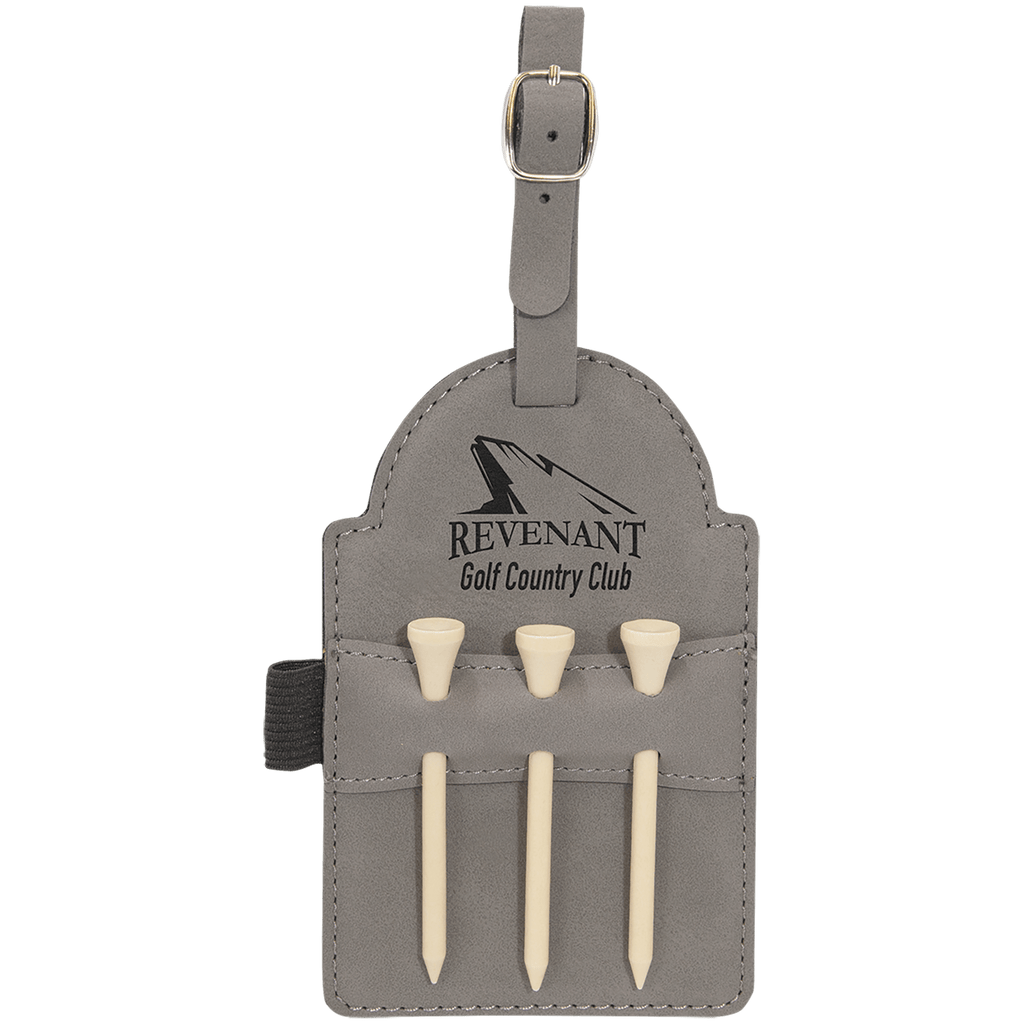Gray 5" x 3 1/4" Laserable Leatherette Golf Bag Tag with 3 Wooden Tees