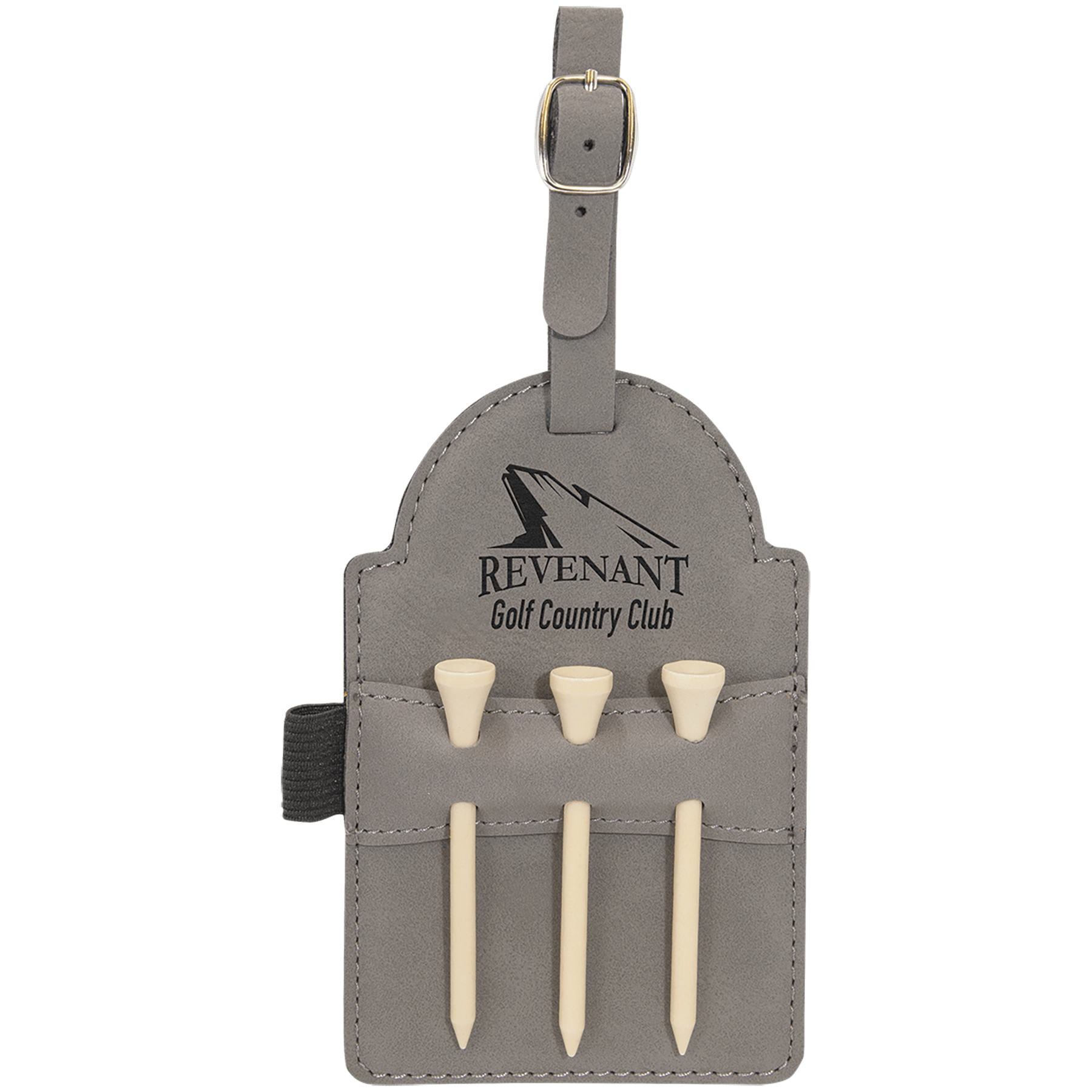 Gray 5" x 3 1/4" Laserable Leatherette Golf Bag Tag with 3 Wooden Tees