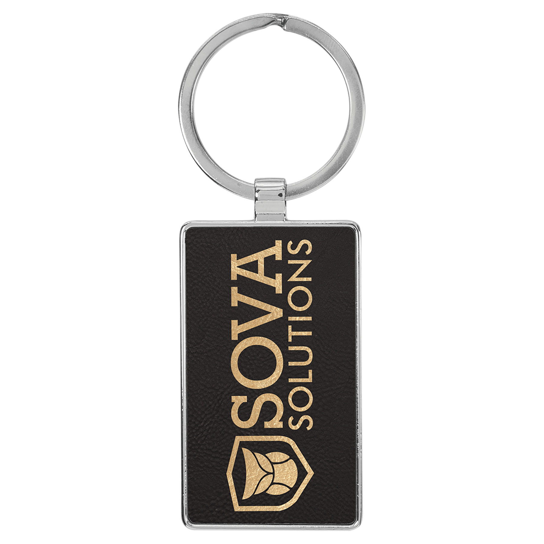 Black/Gold 2 3/4" x 1 1/4" Laserable Leatherette/Metal Rectangle Keychain