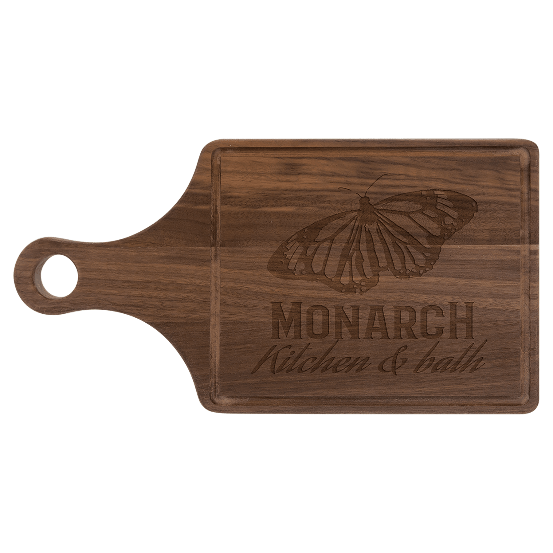13 1/2" x 7" Walnut Cutting Board Paddle Shape with Drip Ring