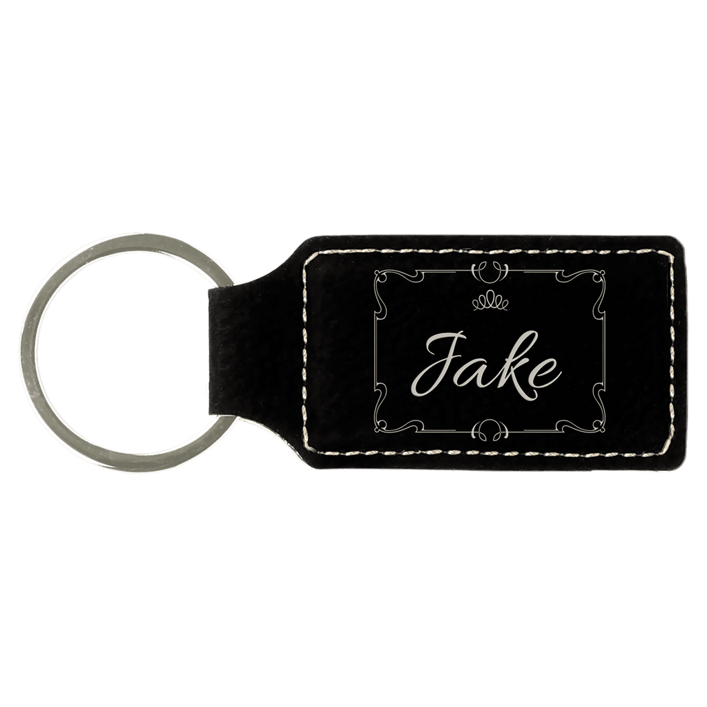 Black/Silver 2 3/4" x 1 1/4" Laserable Leatherette Rectangle Keychain