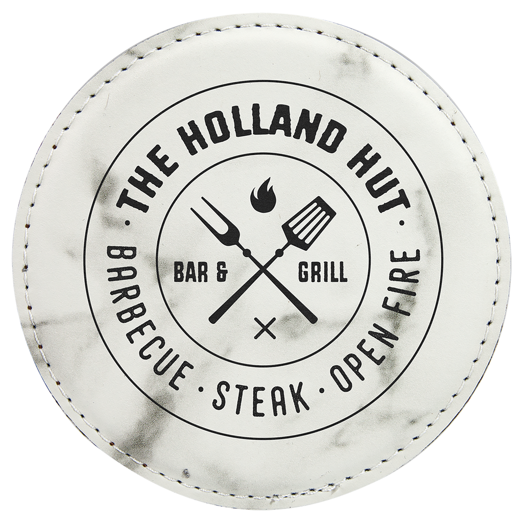 White Marble 4" Round Laserable Leatherette Coaster