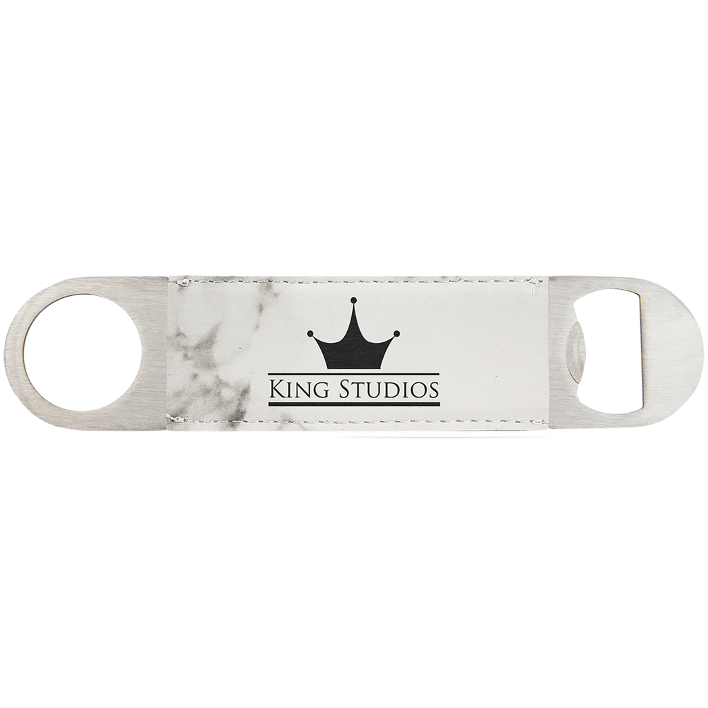 White Marble 1 1/2" x 7" Laserable Leatherette Bottle Opener