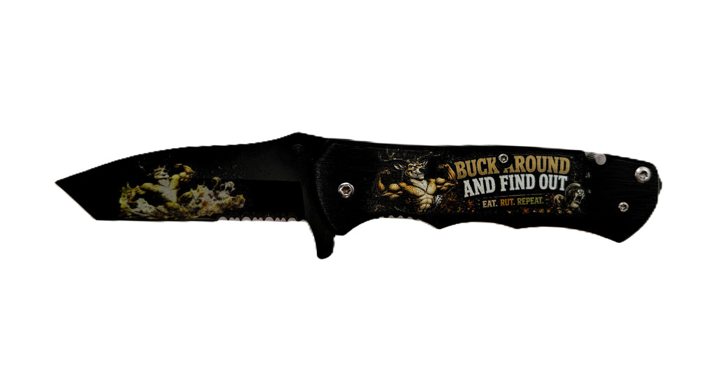 Buck Around and Find Out. Eat. Rut. Repeat. Muscular Buck UV Printed Pocket Knife, Spring-Assisted Multi-Tool Knife, Hunter Gift, C3DLW Field & Timber Collection™