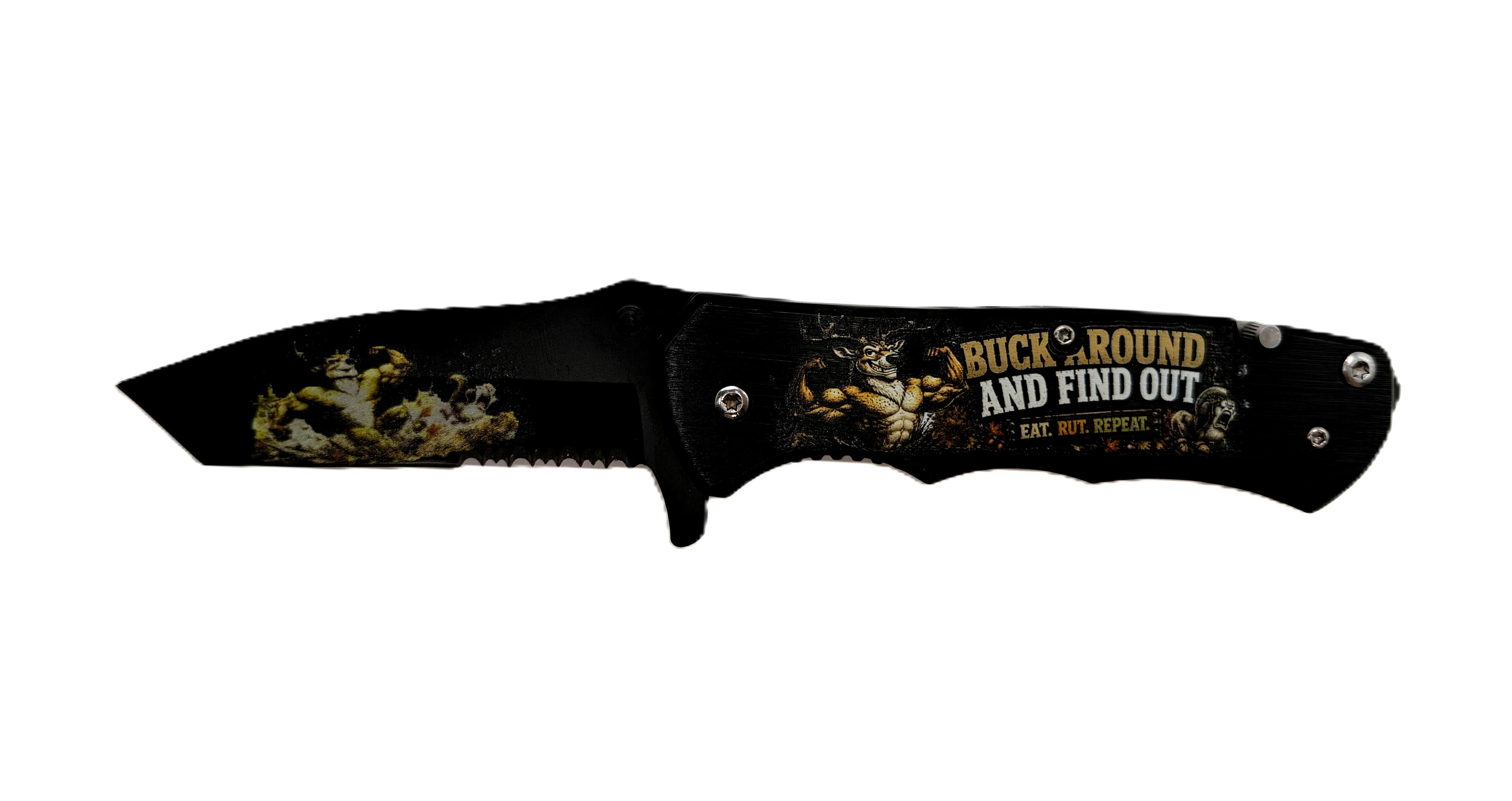 Buck Around and Find Out. Eat. Rut. Repeat. Muscular Buck UV Printed Pocket Knife, Spring-Assisted Multi-Tool Knife, Hunter Gift, C3DLW Field & Timber Collection™