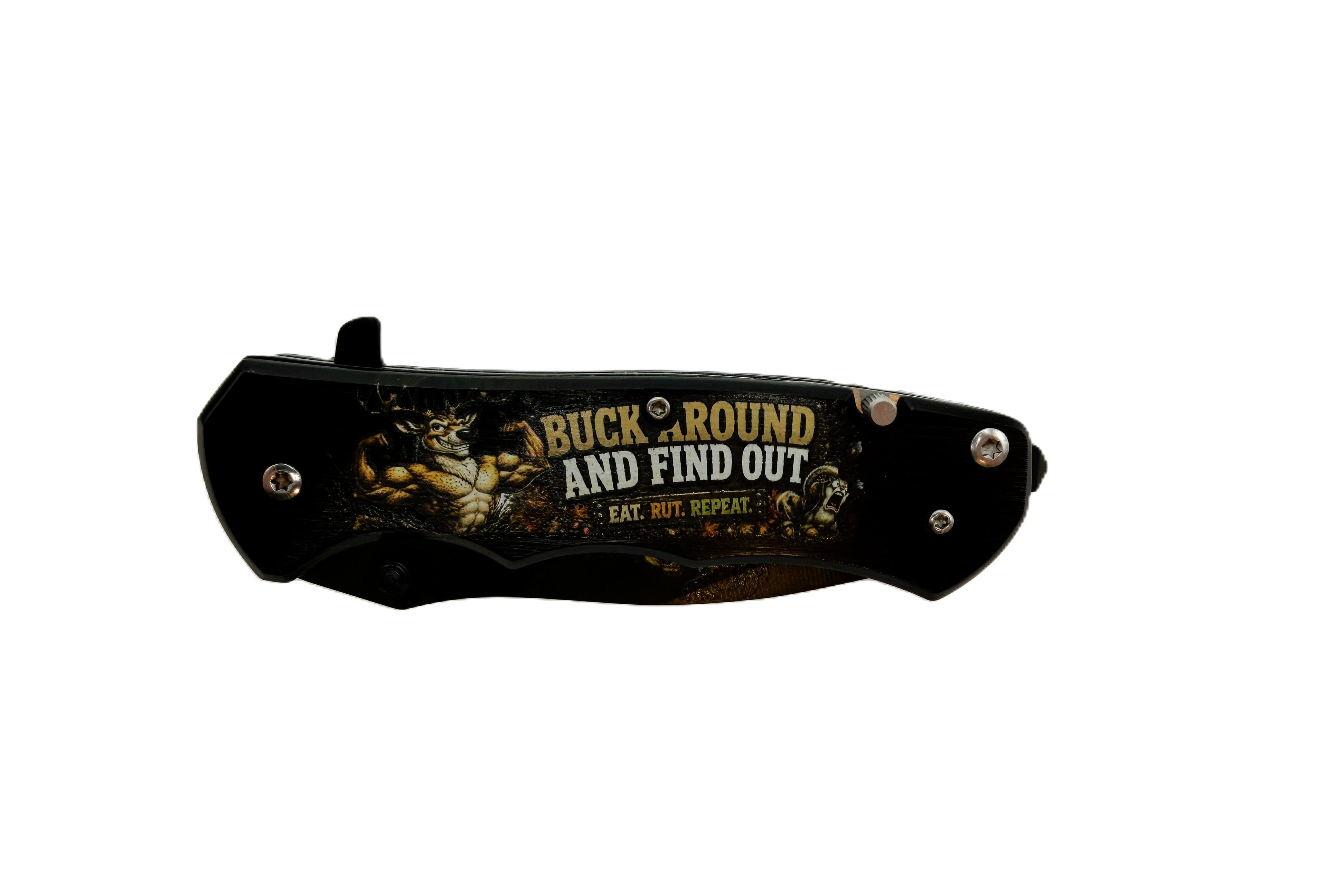 Buck Around and Find Out. Eat. Rut. Repeat. Muscular Buck UV Printed Pocket Knife, Spring-Assisted Multi-Tool Knife, Hunter Gift, C3DLW Field & Timber Collection™